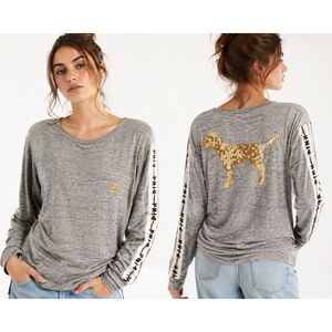 PINK Victorias Secret Gold Sequin Dog Logo Y2K Oversized Long Sleeve Tee Retro M